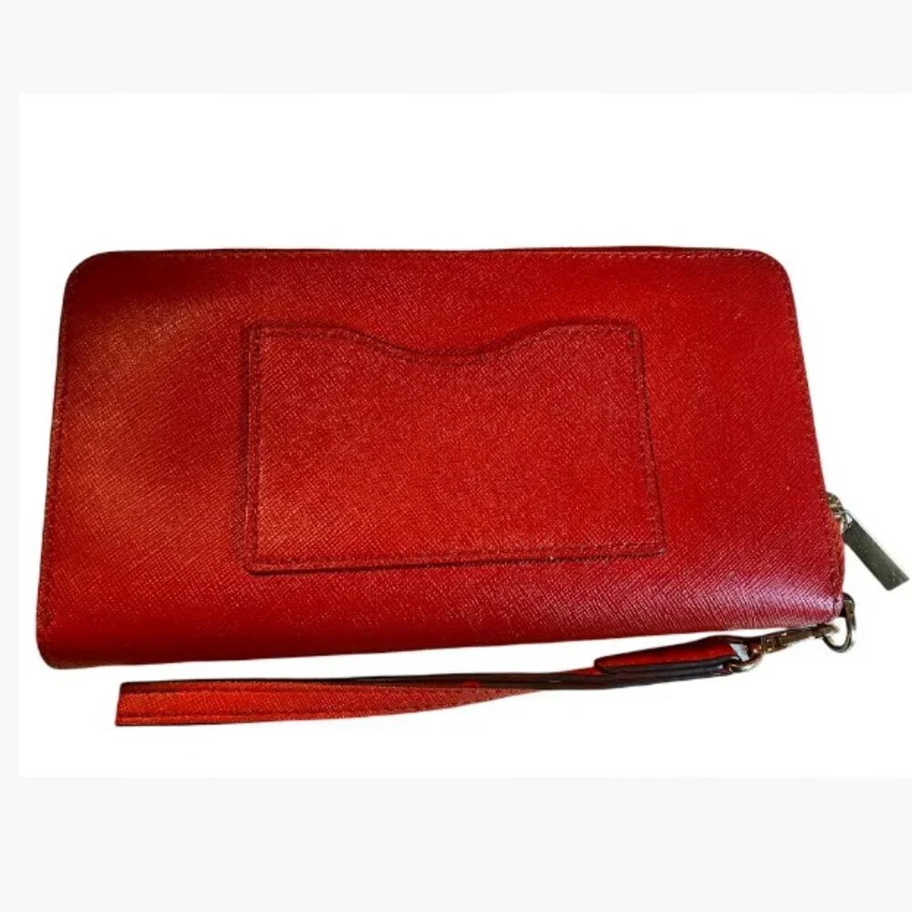 Tory Burch Round Zip Medium Continental Wallet in Red Saffiano Leather EUC